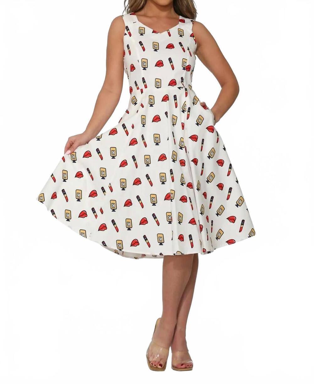 NEW ORCHID BLOOM midi swing dress in white red lipstick
